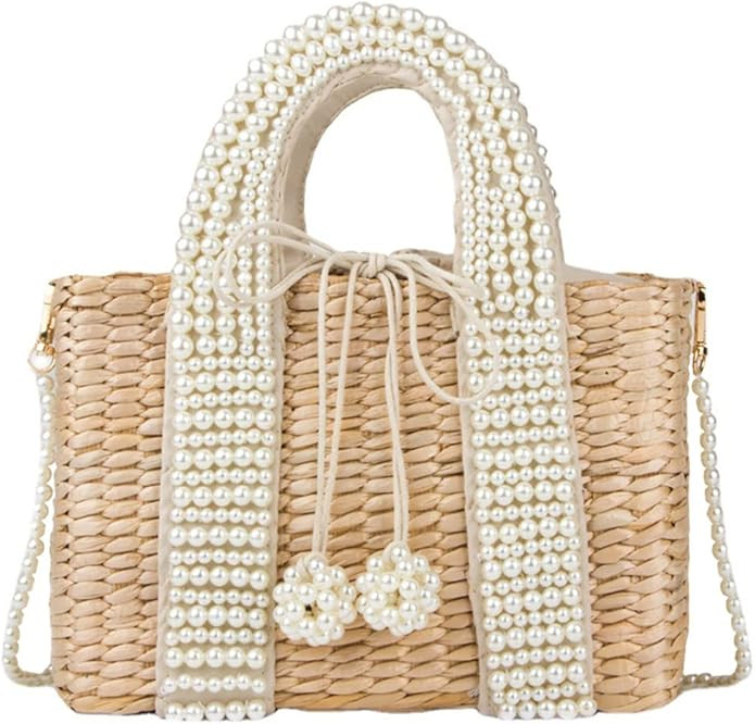 Straw Bag for Women Pearl Shoulder Bag with Lining Medium Purse for Summer Vacation | Amazon (US)