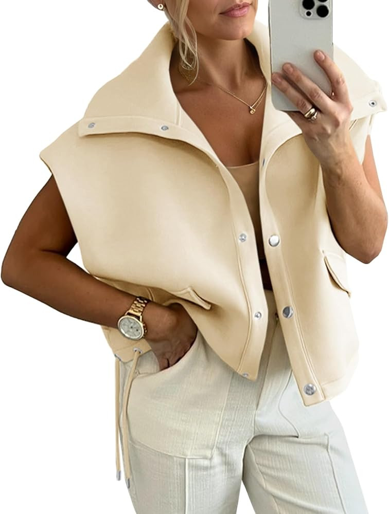 Cicy Bell Womens Fall Oversized Vest Cropped Button Down Cap Sleeve Lapel Collar Jackets Casual D... | Amazon (US)