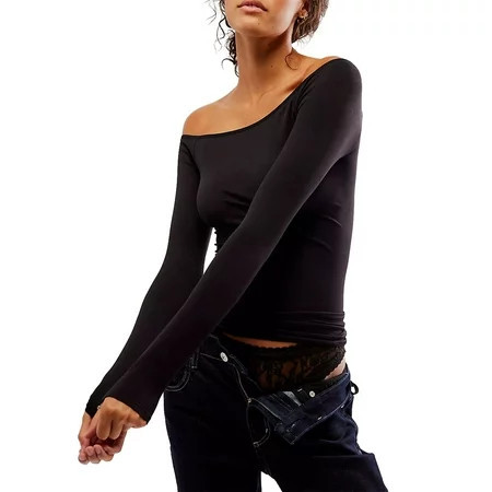 Women s Sexy Off The Shoulder Tops Long Sleeve Slim Fit Stretchy Shirts Blouses Top | Walmart (US)