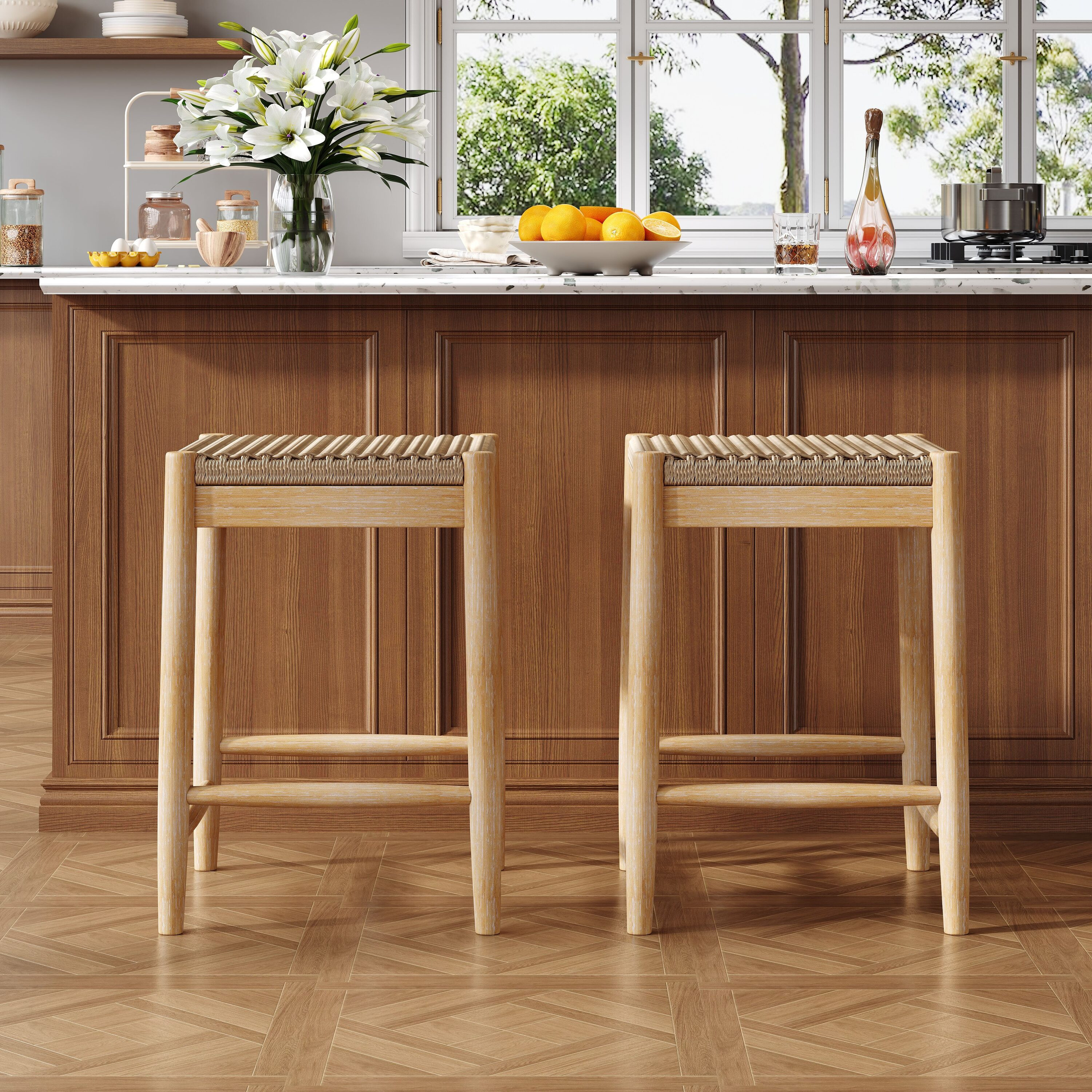 Christopher Knight Home Ahern Boho 25.8 Inch Tall Solid Wood Backless Stool Set of 2 with Woven Seat and Acacia Wood Legs for Indoor Outdoor Use | Lowe's