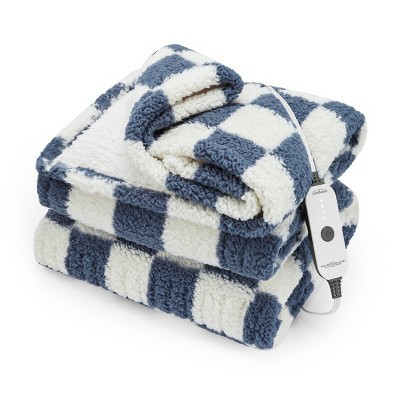 Sunbeam 50"x60" Electric Throw Nordic Faux Shearling with Foot Pocket Heated Blanket Blue Checker... | Target