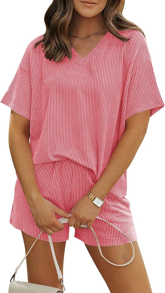 Sarin Mathews 2 Piece Lounge Sets for Women Summer Shorts Set Short Sleeve Cotton Oversized Casua... | Amazon (US)