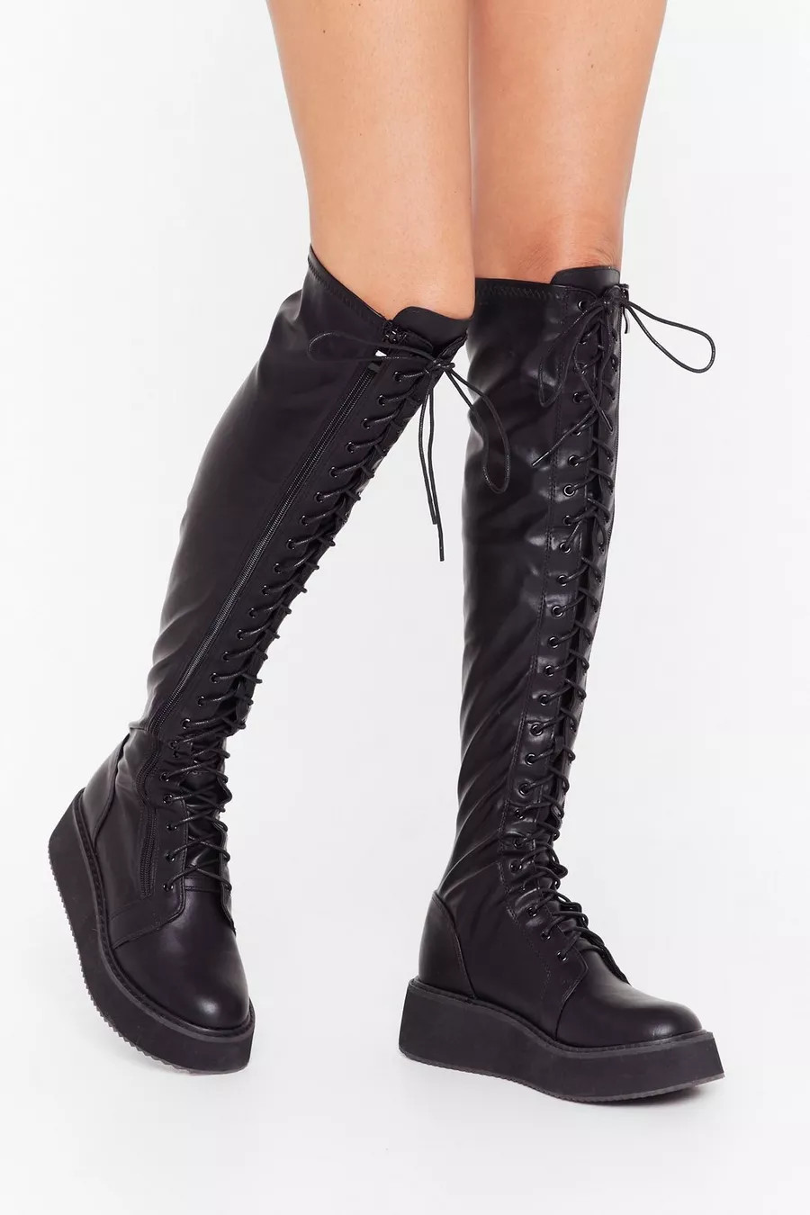 Pu knee high lace up flatform boots | Boohoo.com (UK & IE)