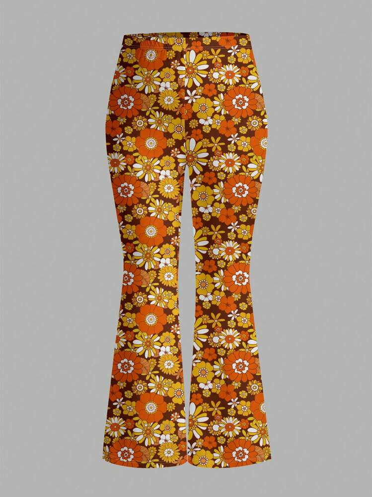 SHEIN MOD Plus Size Women Floral Print Elastic Waist Flare Pants, Casual Suitable For Going Out | SHEIN