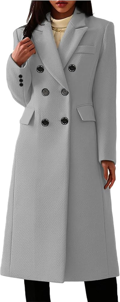 Women's Classic Notched Lapel Double-Breasted Warm Pea Coat Overcoat with Pockets | Amazon (US)