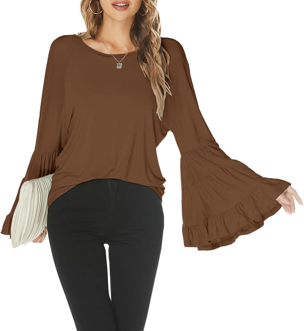 Hount Women Casual Long Bell Sleeve Tops Loose Round Neck T Shirt Flare Sleeve Shirt Tops | Amazon (US)