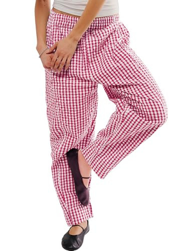 PEHMEA Women's Cotton Gingham Harem Pants, Plaid Casual Wide Leg Barrel Pant High Waisted Lounge Fall Trousers with Pockets(Red-L) | Amazon (US)