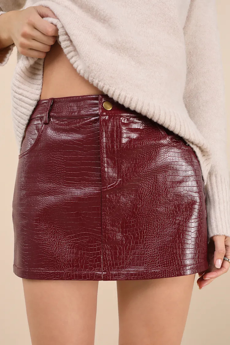Excellent Mood Burgundy Croc-Embossed Vegan Leather Mini Skirt | Lulus