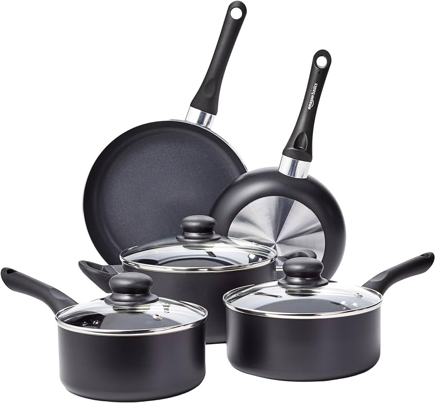 Amazon Basics Durable Non-Stick Cookware Set, Pots and Pans, 8-Piece, Black | Amazon (US)