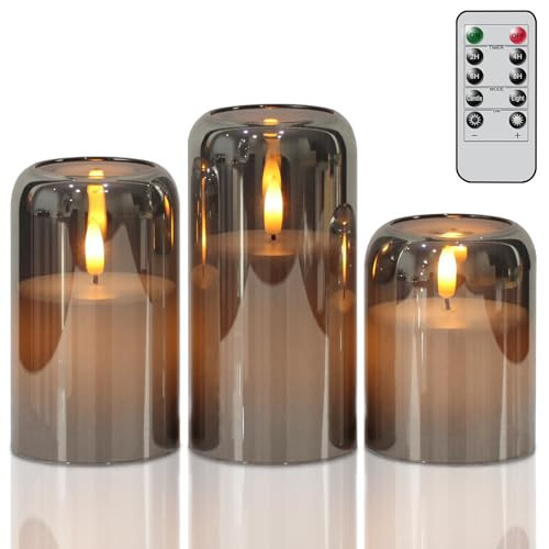GenSwin Glass LED Candles with Remote Timer, Black Flameless Candles Battery Operated with Flickering Flame, Glass and Real Wax Pillar Candle for Halloween Christmas Home Decor(Set of 3, D3”x4”5”6”) | Amazon (US)
