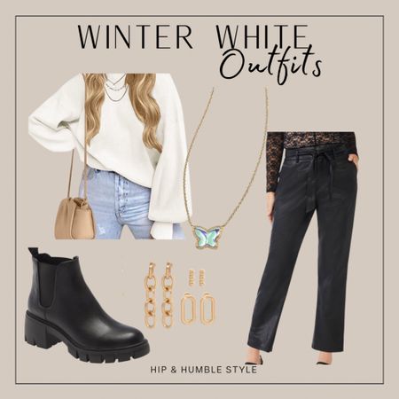 Winter white outfit idea leather pants black boots, white sweater 

#LTKstyletip #LTKunder50 #LTKFind