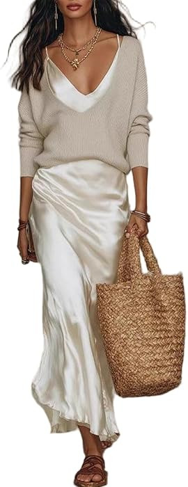 Womens 2 Piece Sets Long Sleeve V Neck Knit Sweater Camisole Maxi Dress Set | Amazon (US)