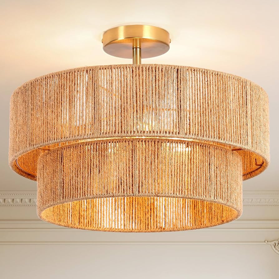 Boho Rattan Semi-Flush Mount Ceiling Light Fixture | Amazon (US)
