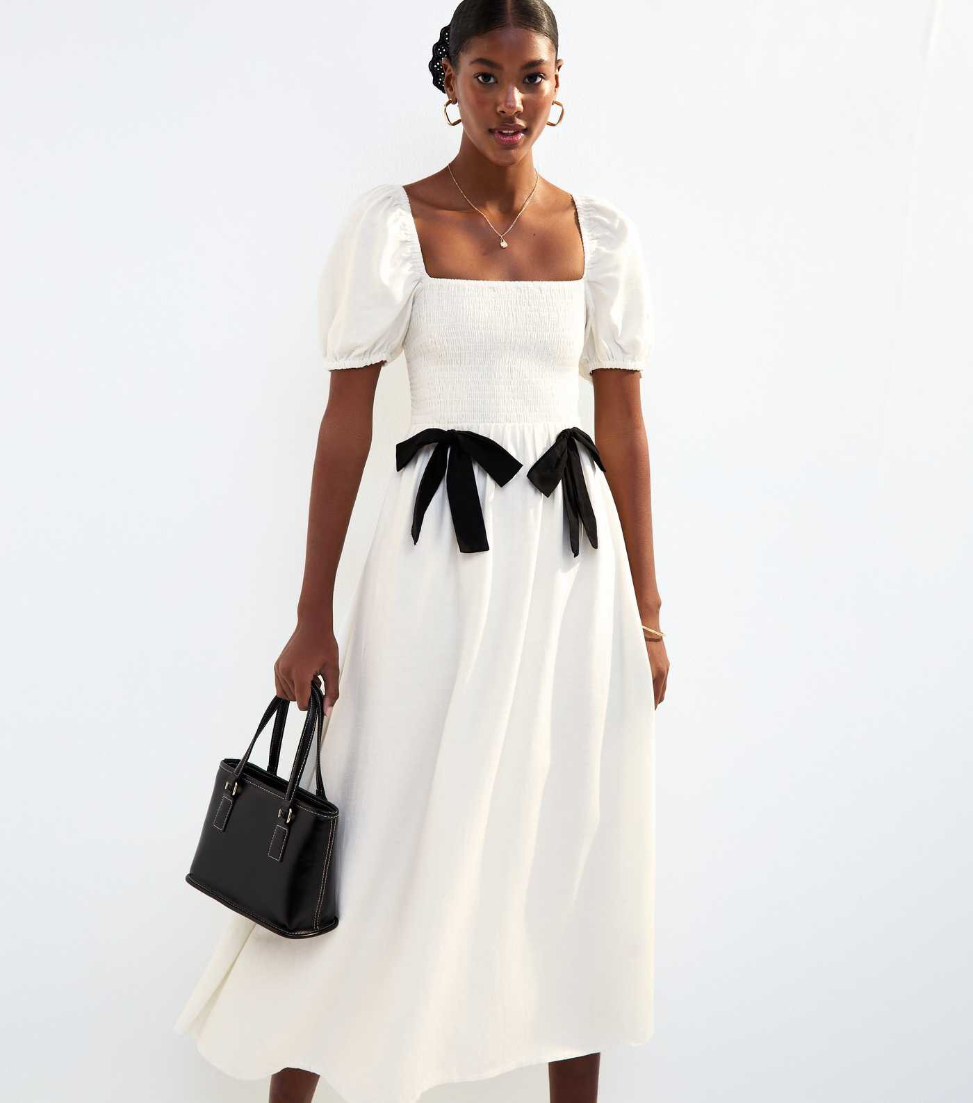 White Shirred Bow Trim Midi Dress | New Look | New Look (UK)