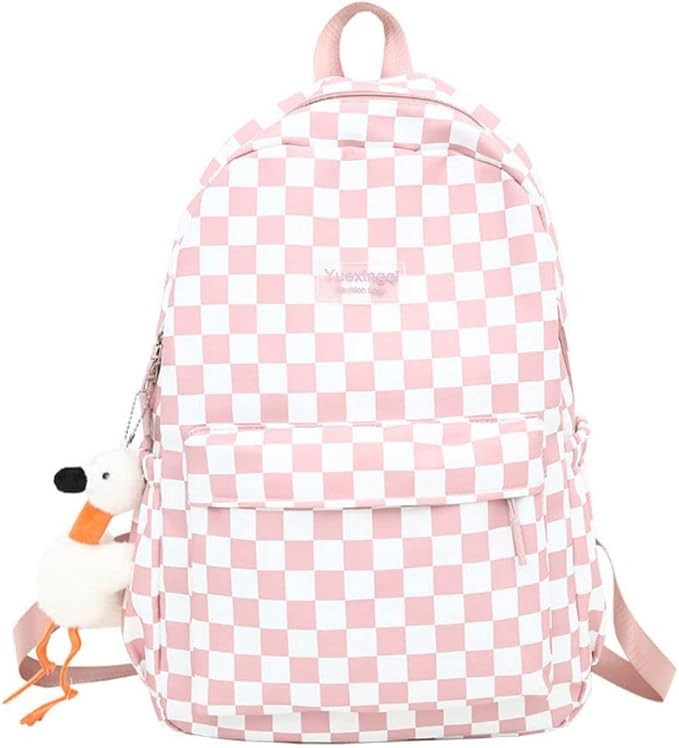 Checkerboard Fashion Backpack Outdoor Travel Students Grid Light Shoulder Bag, Pink, M, Tradition... | Amazon (UK)