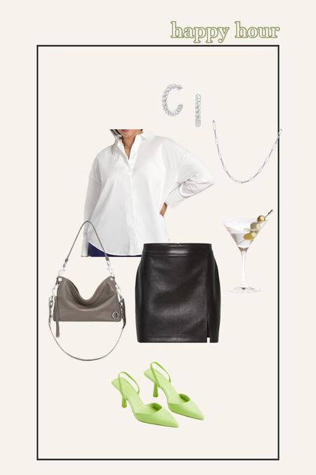 happy hour, night out, girls night, date night outfit, white button down, leather skirt, sling back heels - Love Emmarie

#LTKitbag #LTKstyletip #LTKshoecrush