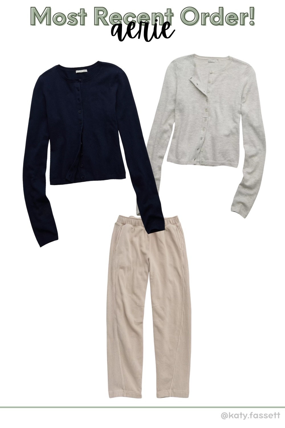 My most recent Aerie/American Eagle order! Needed some new cardigan for spring/summer because they are just so convenient for nursing! Also another color of my favorite sweatpants! 