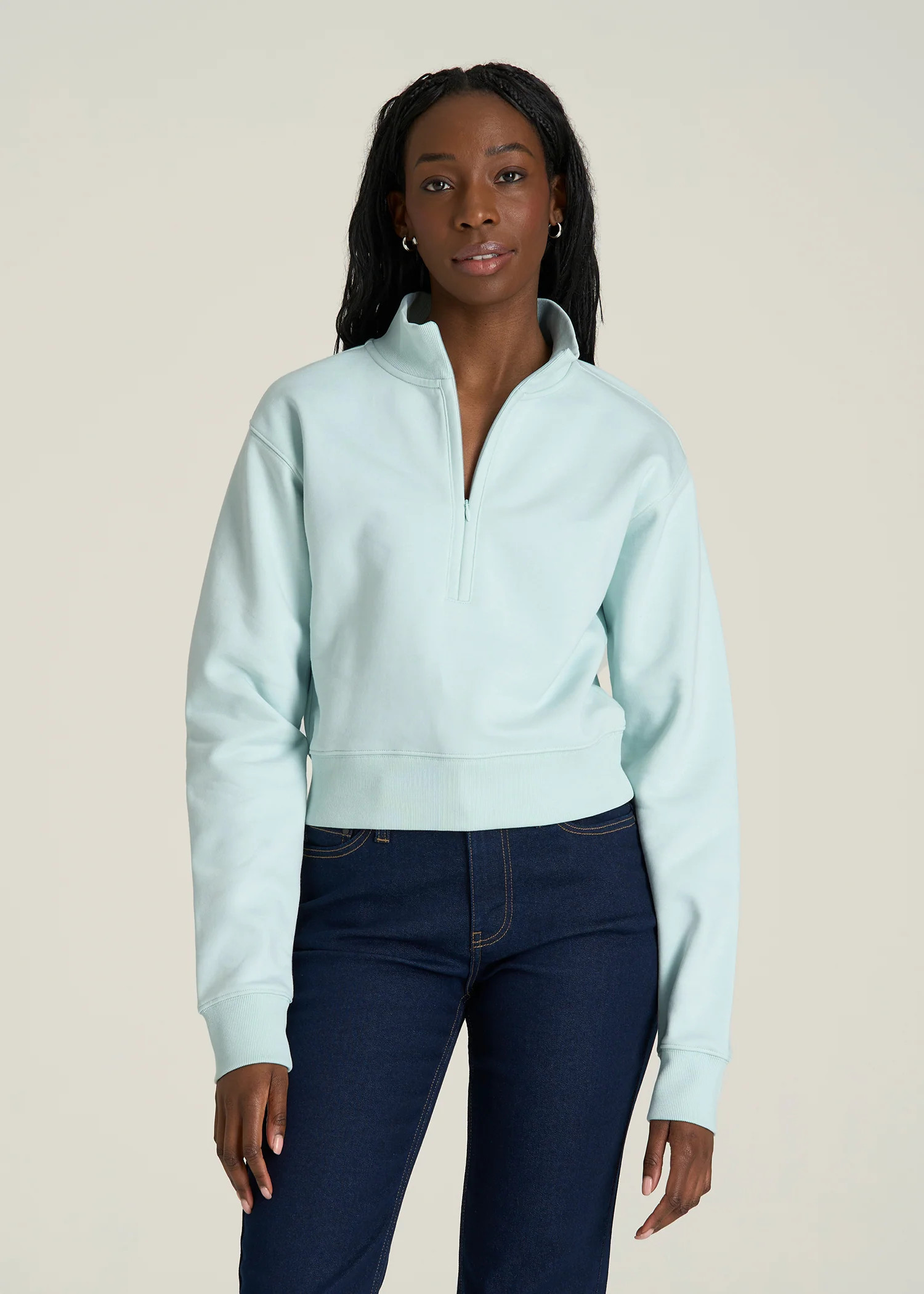 Wearever 2.0 Fleece Half-Zip Cropped Sweatshirt for Tall Women in Opal Blue | American Tall