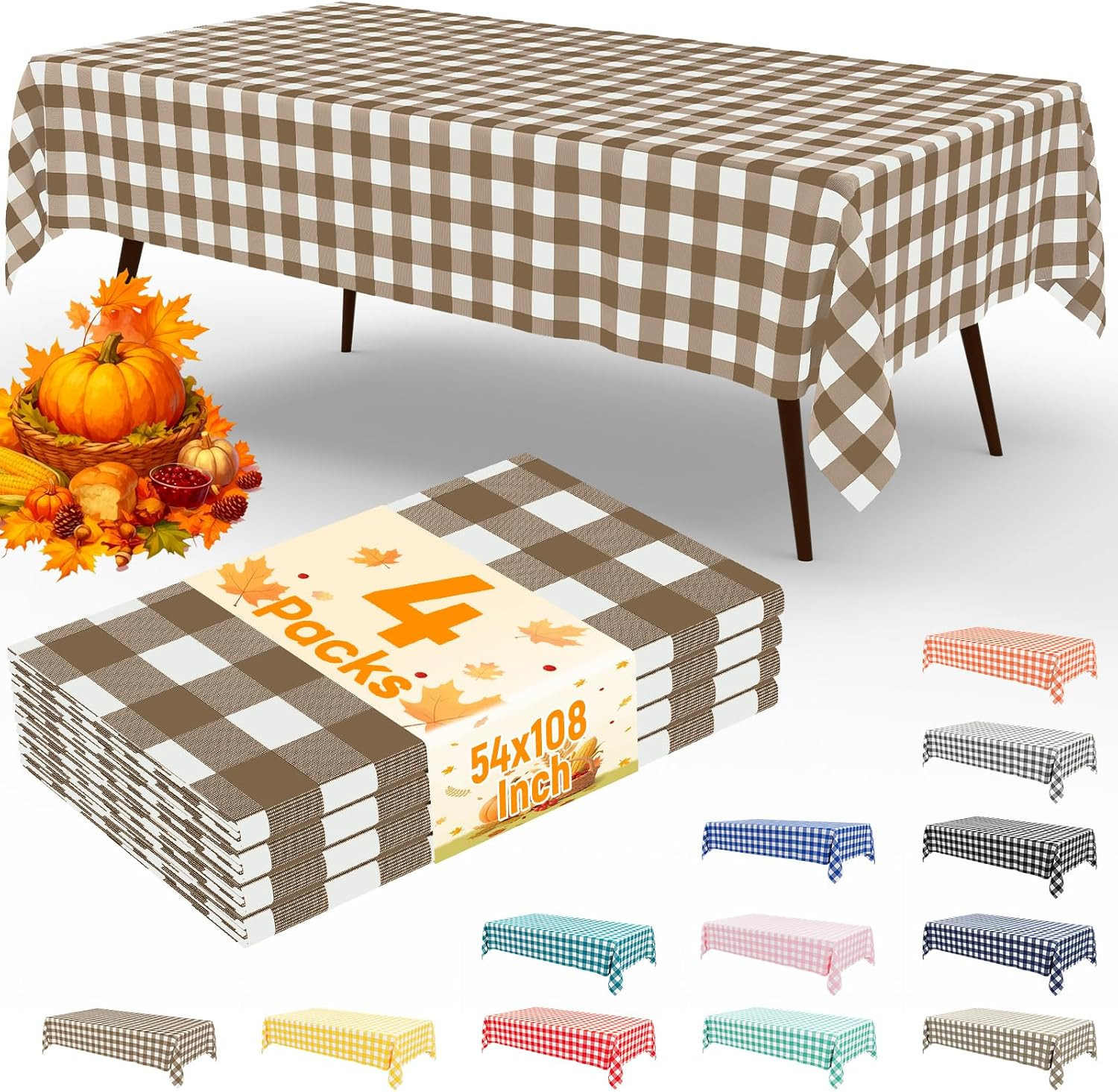 4 Packs Buffalo Disposable Table Cloth, 54 x 108 Inch Waterproof Plastic Tablecloth, Rectangle Brown and White Checkered Table Covers for Picnic, Birthday, Party | Amazon (US)