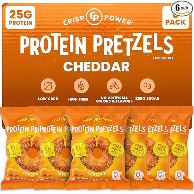 CRISP POWER Protein Pretzels, NEW Cheddar, 25G Protein, High Protein Snack, High Fiber, Low Carb ... | Amazon (US)