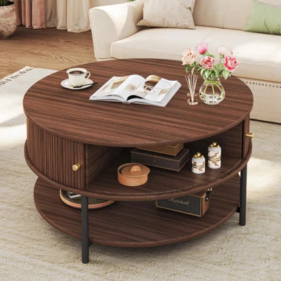31.5" Round Coffee Table With Storage, Sliding Cabinet Door | Wayfair North America