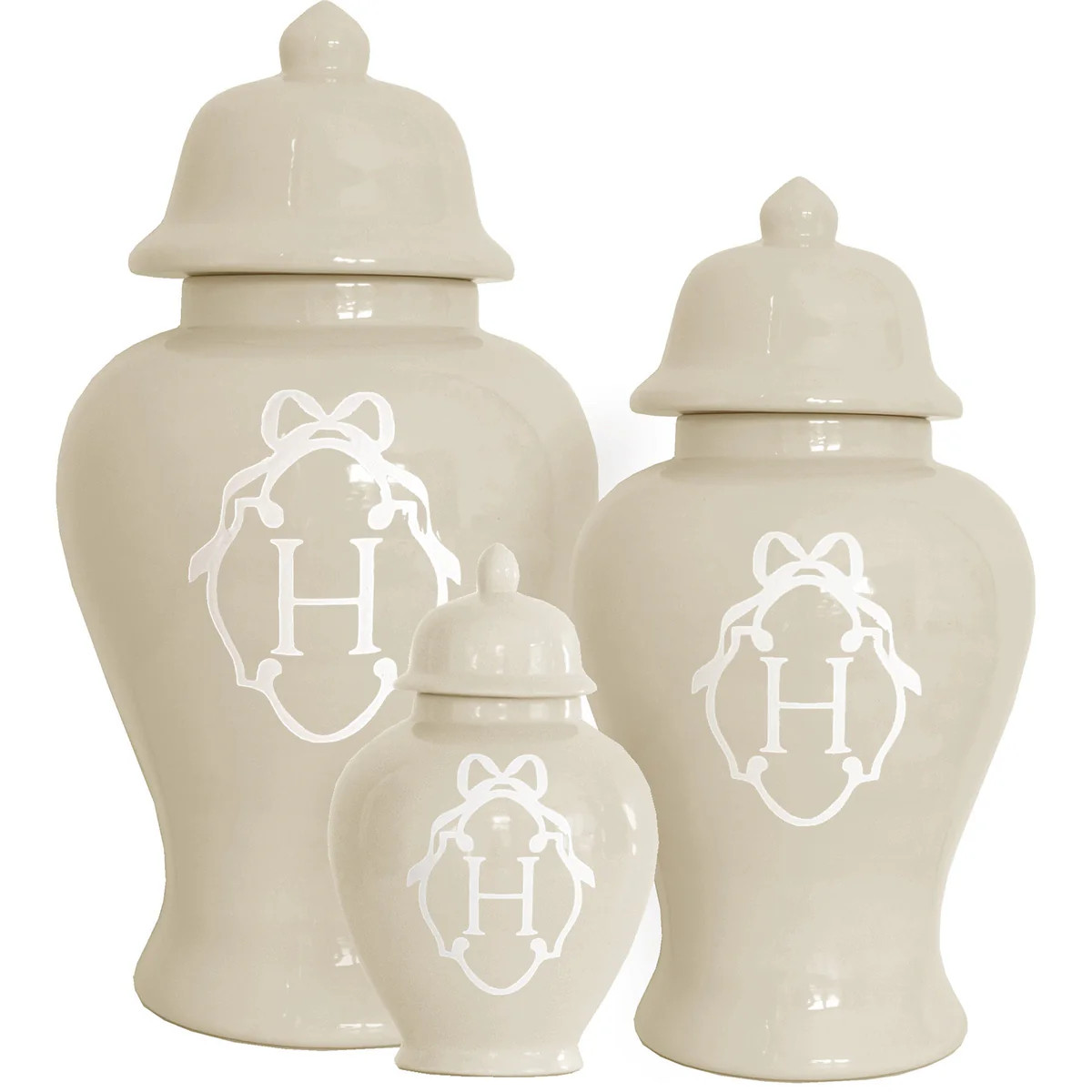 Bow Monogram Ginger Jars in Beige | Ruby Clay Company