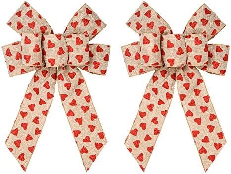 2 PCS Happy Valentines Bows for Wreath, Glitter Red Bows for Front Door Wall Decor, Burlap Wreath Bo | Amazon (US)