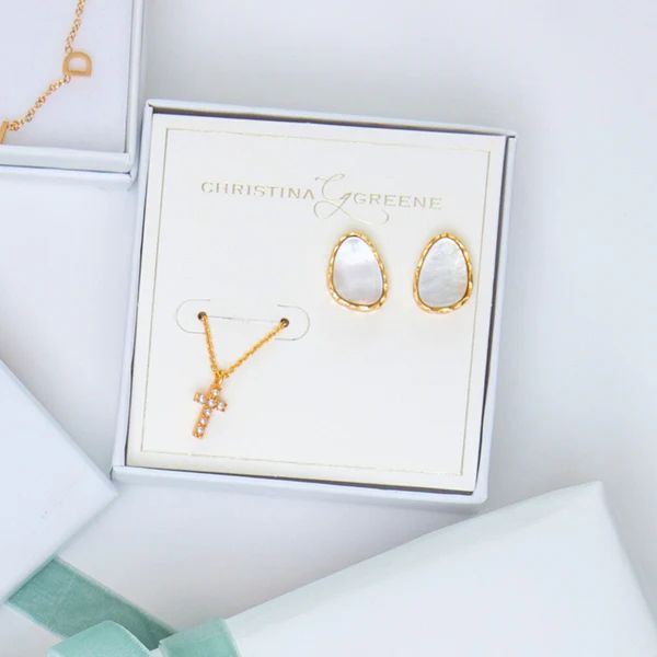 Pearl Stud Earrings and Dainty Cross Necklace Gift Set | Christina Greene 