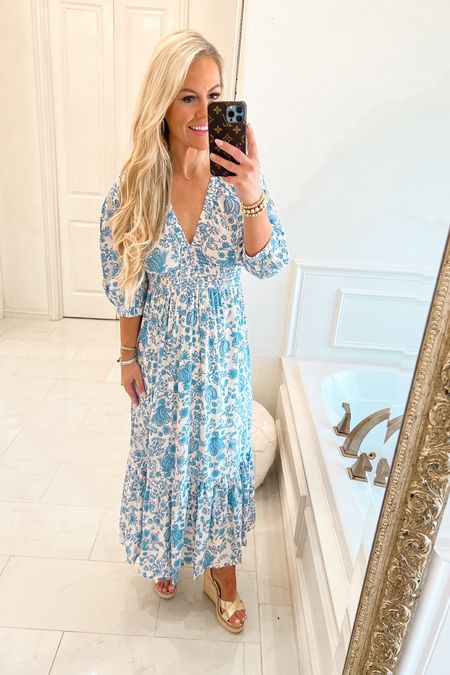 Beautiful floral white and blue maxi! Love the soft silky feel of this dress! Perfect for everyday wear and many occasions wedding guest, travel etc! Runs tts wear size small. 

#LTKworkwear #LTKwedding #LTKunder100