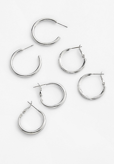3 Pack Silver Hoop Earring Set | Maurices