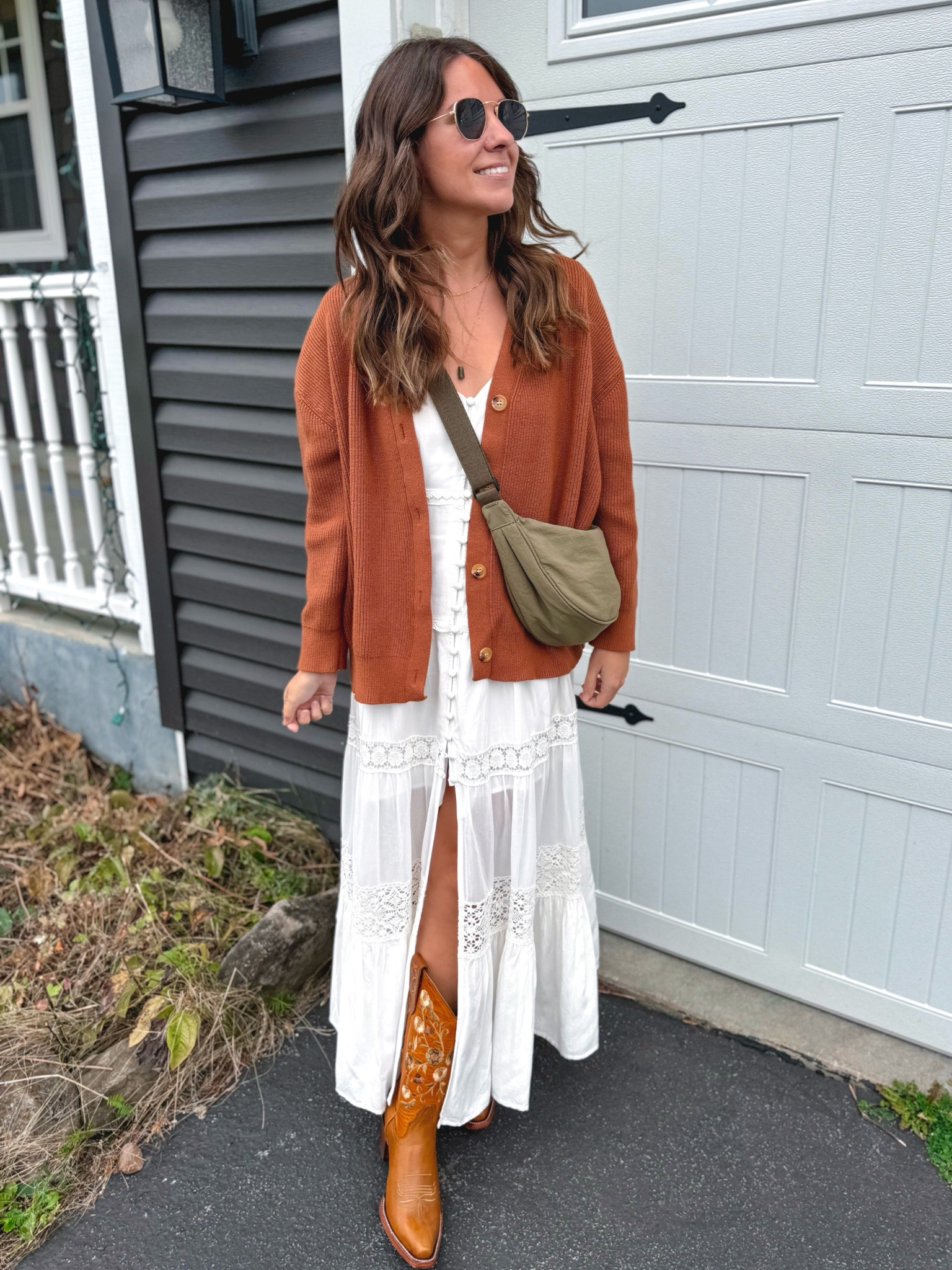 Wearing size medium in this dress, size small in the cardigan (dark apricot), and size 6.5 in my cowboy boots (I like to size up in boots!) these boots are incredible! Hand made, stunning and comfy!! 

My necklaces are from Sela Designs (seladesigns.com) and you can use MARISSA10 for $$ off 

#LTKStyleTip #LTKShoeCrush #LTKSeasonal