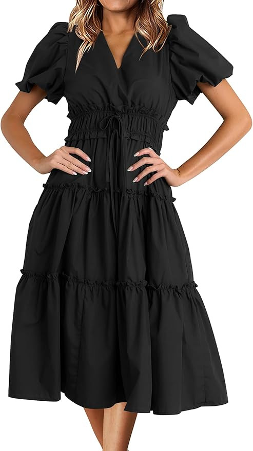 Angashion Women Short Sleeve Dress: Summer Casual High Waisted V Neck Lined Flowy Midi Dresses wi... | Amazon (US)