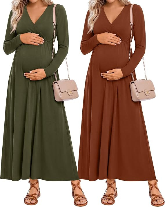 Neer 2 Pack Maternity Long Sleeve Maxi Dress | Women's Wrap V Neck Nursing Dresses, Pregnancy Bab... | Amazon (US)