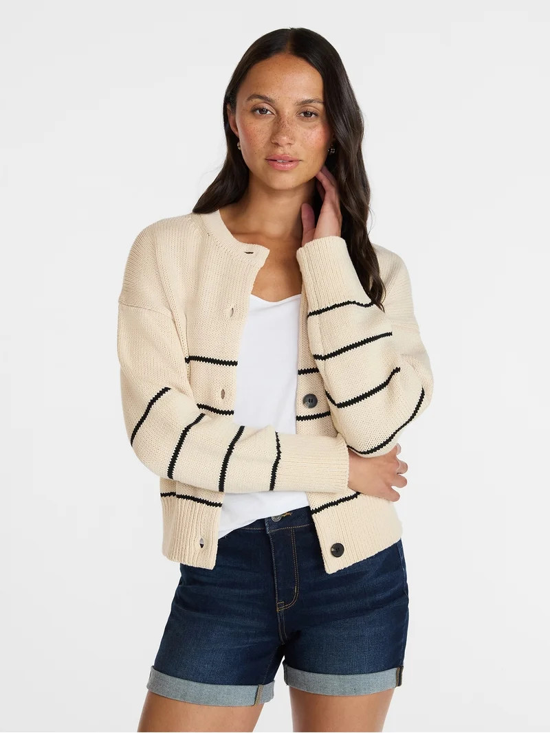 Time and Tru Women's Striped Cardigan Sweater with Long Sleeves, Sizes XS-XXXL | Walmart (US)