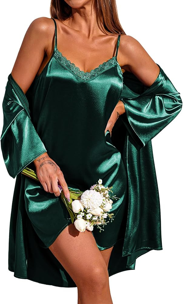 Ekouaer Women's Satin Kimono Robes for Bridesmaids Silk Nightgown and Robes Lace Cami Sleepwear w... | Amazon (US)