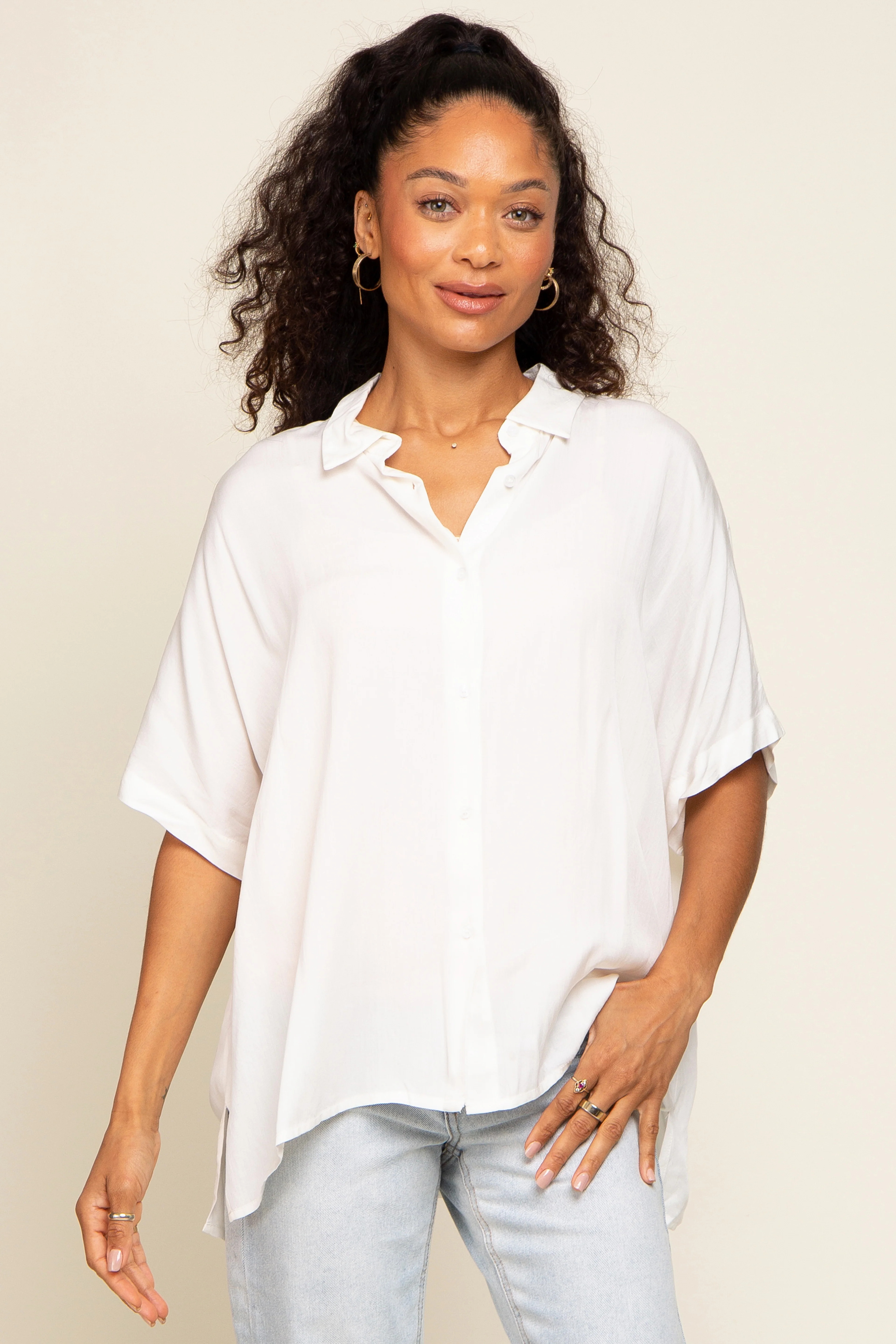 White Button Up Dolman Short Sleeve Top | PinkBlush Maternity