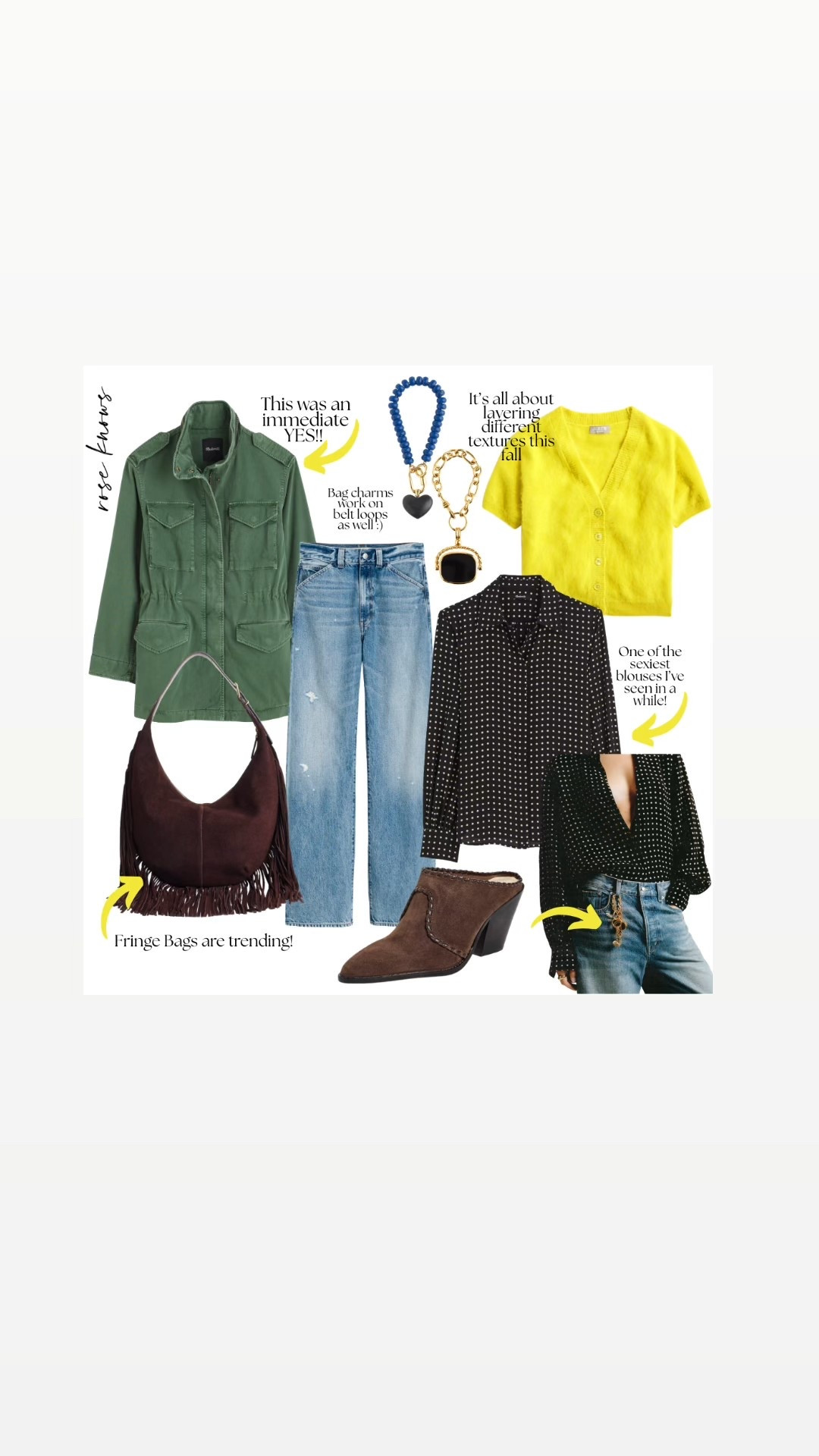 Probably the sexiest not revealing blouse I’ve seen in a while! 100% silk polka dot. 
Save 20% now 
New barrel jeans from Madewell 
Fringe suede so on trend and this field /utility jacket in army green is so cool! 
Fall outfit 
Layer in some texture with the bright yellow sweater over the blouse 

#LTKFindsUnder100 #LTKSaleAlert #LTKOver40