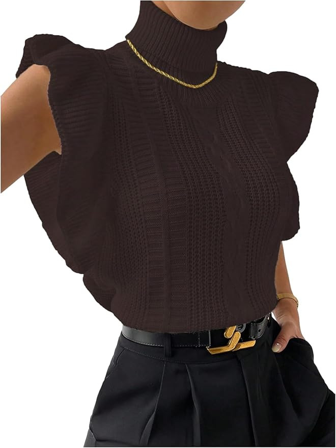 Floerns Women's Ruffle Trim Cable Knit Sweater Vest Turtleneck Sleeveless Tank Tops | Amazon (US)