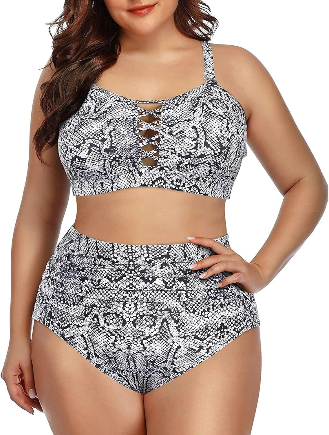 Daci Women Plus Size Two Piece Bikini Swimsuit High Waisted Bottom Ruched Lace Up Bathing Suit | Amazon (US)