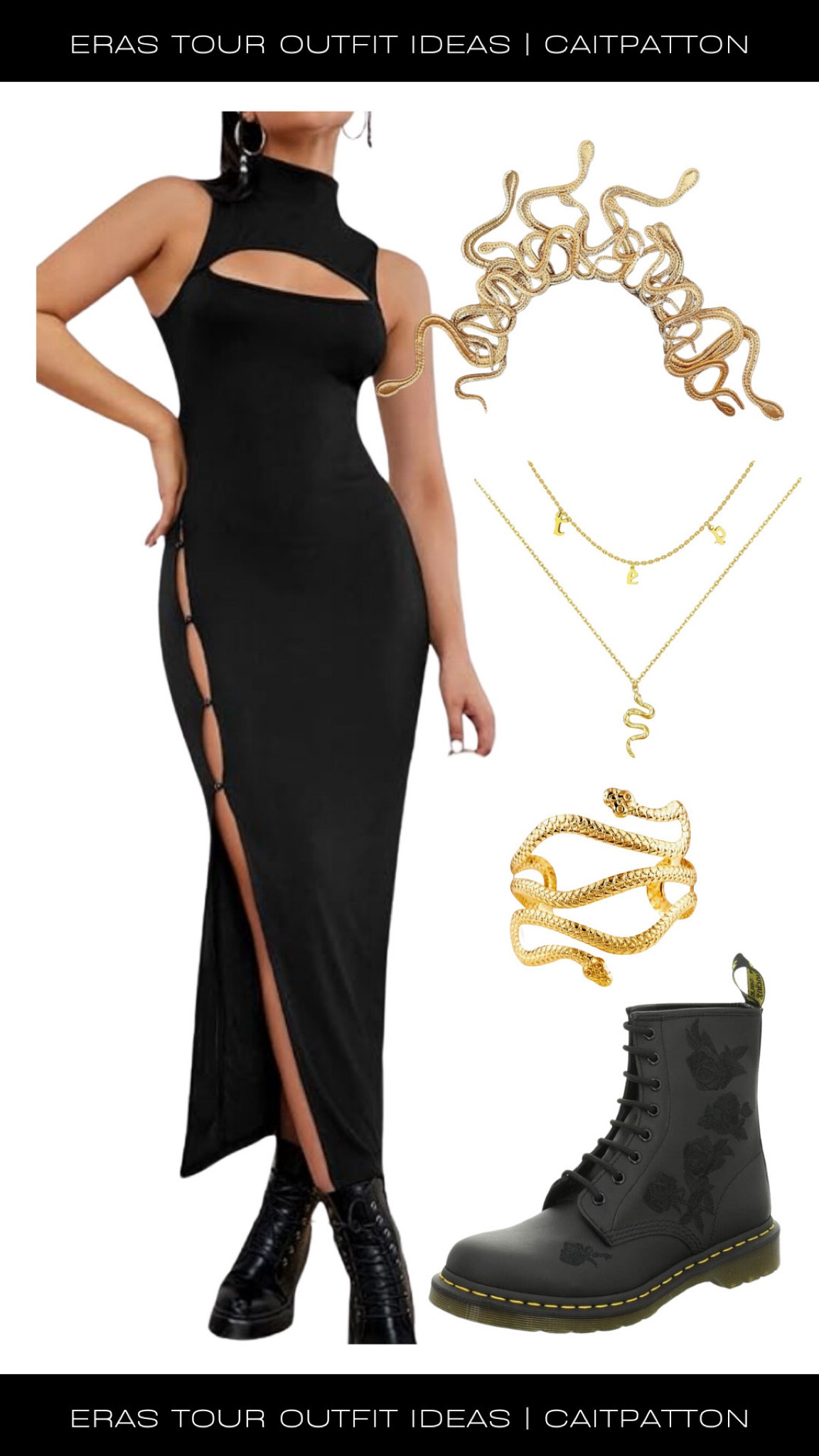 Medusa inspired reputation outfit idea! Medusa crown, snake crown, snake bracelet, snake necklace, reputation necklace, reputation dress, Medusa dress, black dress, cutout dress, combat boots, black combat boots, Reputation outfits, reputation outfit, reputation outfit ideas, reputation outfit inspo, rep outfit, rep inspo, rep outfits, rep eras tour outfit, reputation eras tour outfit, Taylor swift eras tour outfit, Taylor swift outfit, eras tour outfit idea, eras tour outfits, reputation era, reputation Taylor's version 

#LTKShoeCrush #LTKFindsUnder100 #LTKFindsUnder50