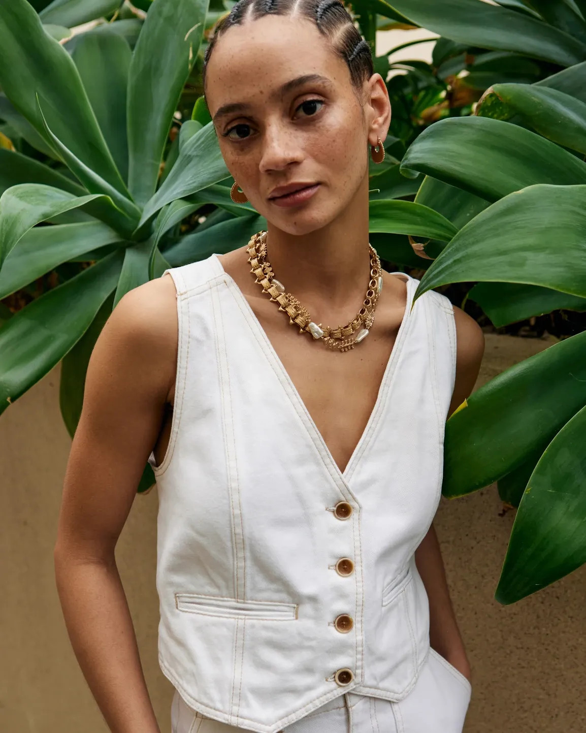 Ecru White Contrast Stitch Denim Vest | Oliver Bonas US | Oliver Bonas (Global)