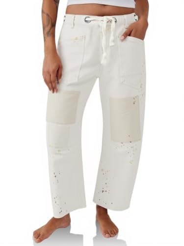 PLNOTME Womens Baggy Barrel Horseshoe Jeans Wide Leg Patchwork Low Rise Denim Pants with Pockets White | Amazon (US)