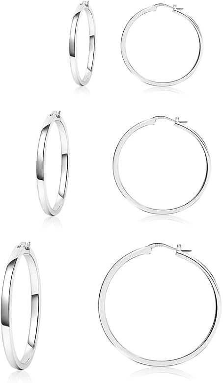 925 Sterling Silver Hoop Earrings,3 Pair Silver Hoop Earrings for Women, Lightweight Small Silver... | Amazon (US)