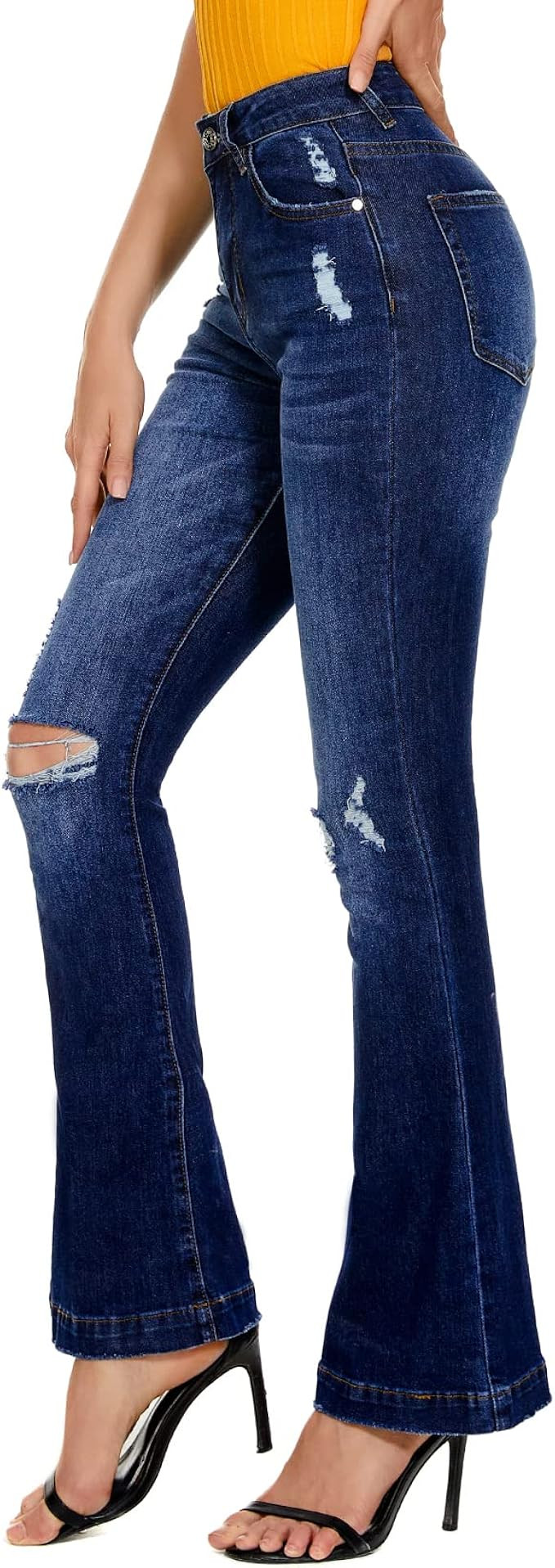 VIPONES Flare Jeans for Women Ripped High Waist Stretch Destoryed Slimming Solid Blue Wide Leg Pa... | Amazon (US)