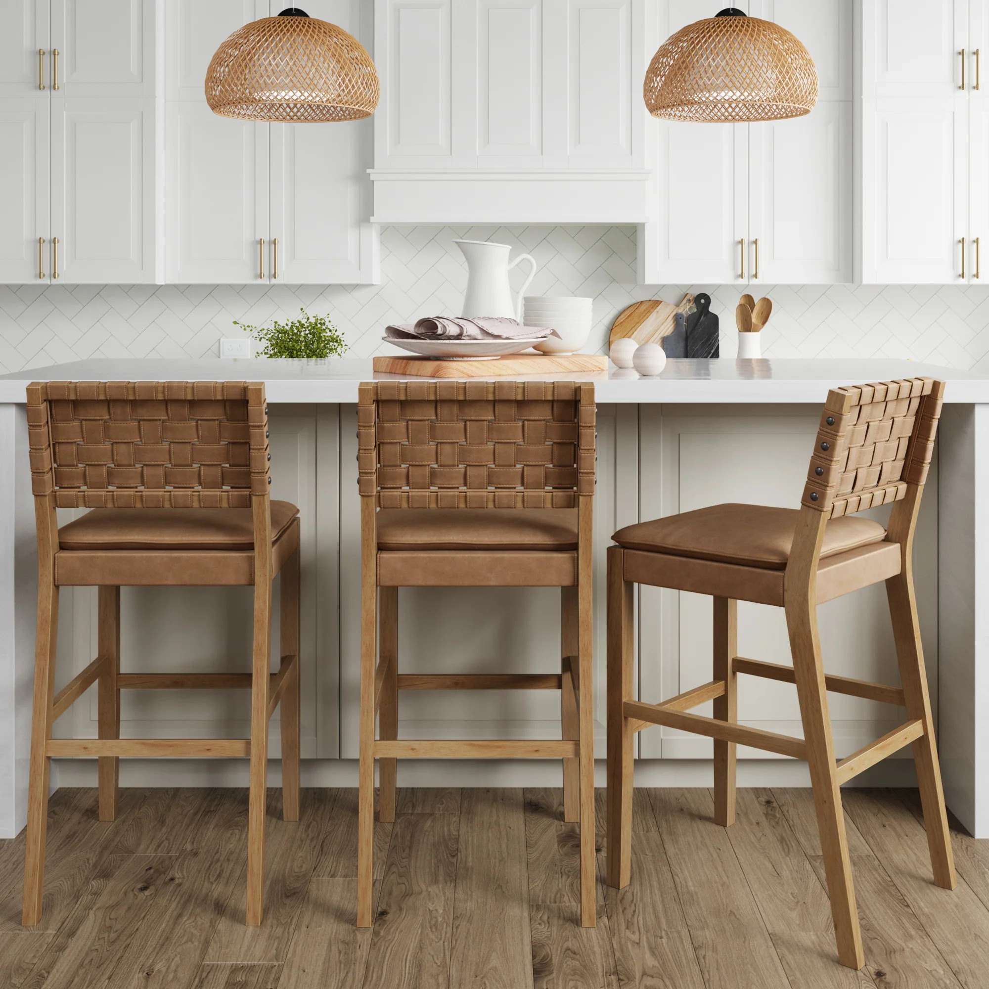 Faux Leather Woven Bar Stools Brown (Set of 3) | Nathan James