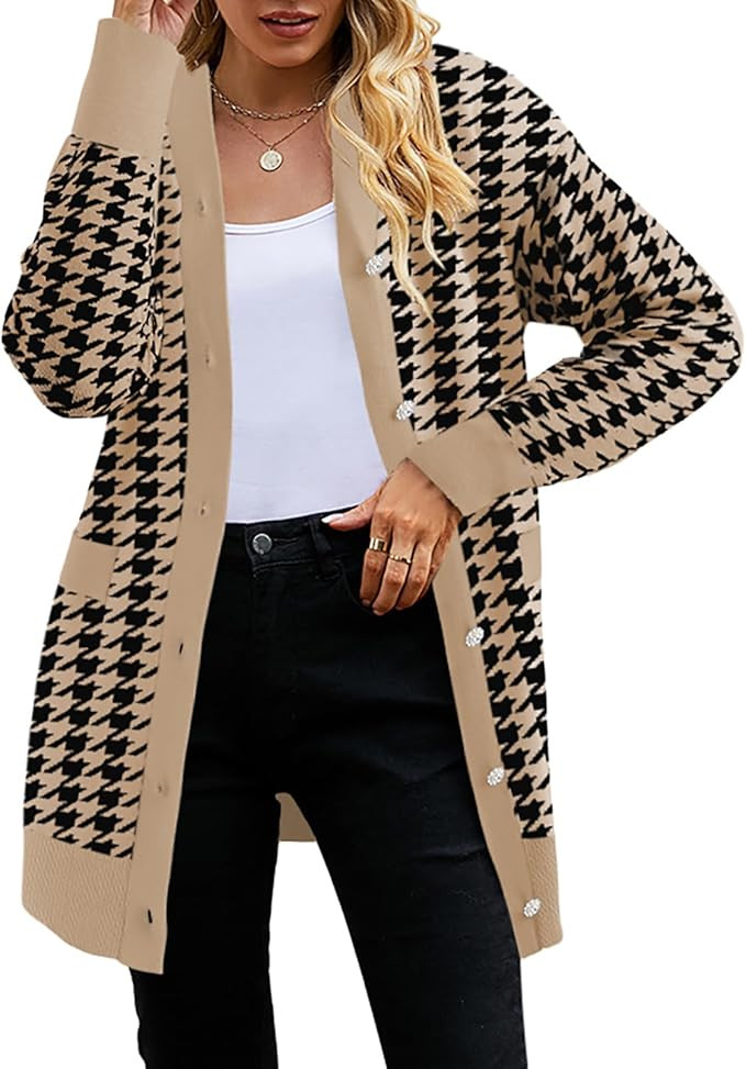 Pink Queen 2024 Fall Long Cardigan for Women Long Sleeve Open Front Button V Neck Houndstooth Car... | Amazon (US)