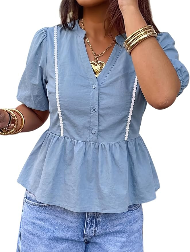Watashi Womens V Neck Puff Sleeve Peplum Babydoll Loose Blouse Summer Top | Amazon (US)