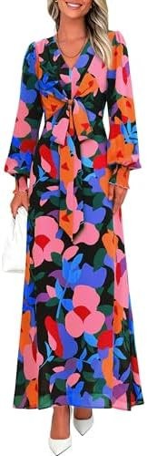 PRETTYGARDEN Women's 2025 Fall Wedding Guest Dresses Floral Long Sleeve V Neck Belted Long Flowy ... | Amazon (US)