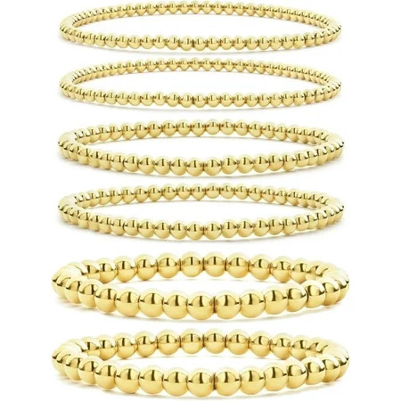 Gold Plated Beaded Bracelet For Women Set 14K Gold Plated Bead Stretch Bracelet Stack Trendy Gold Jewelry For Women | Walmart (US)