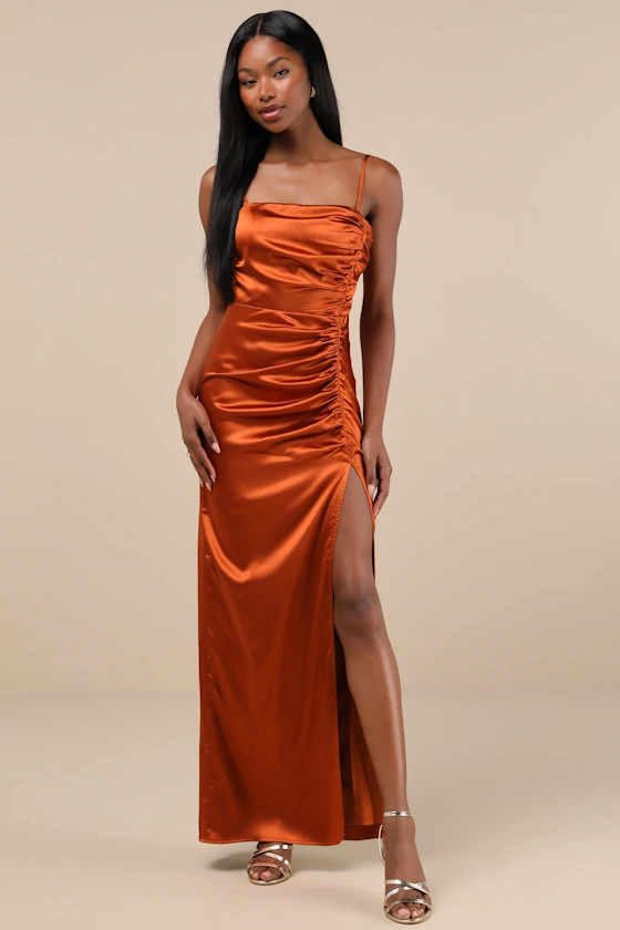 Luxurious Marvel Rust Orange Satin Ruched Column Maxi Dress | Lulus
